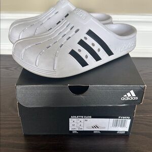 Adidas womens 5 Adilette clog slides White Slippers with Black Stripes